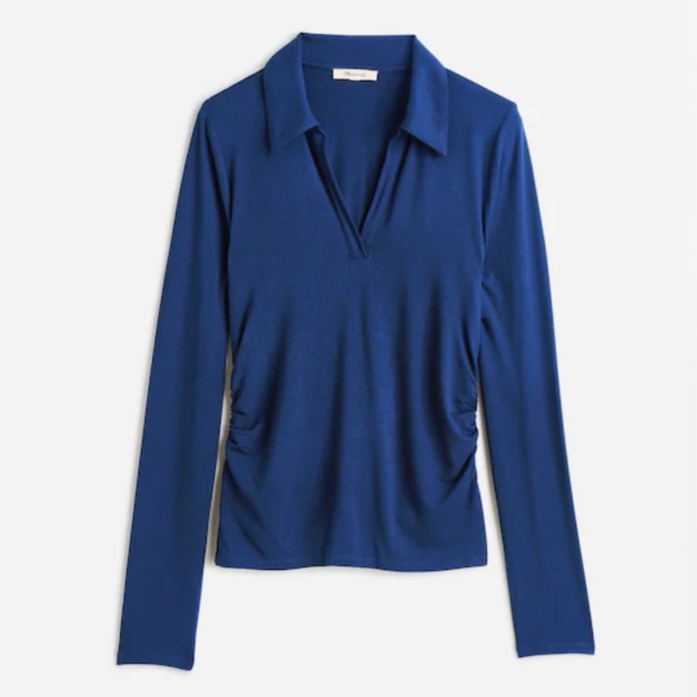 Madewell Side Cinch Long Sleeve Polo Top Small Bright Cobalt